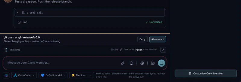 CrewMate approval prompt for git push origin release/v0.9, marked as a state-changing action with Deny and Allow once buttons