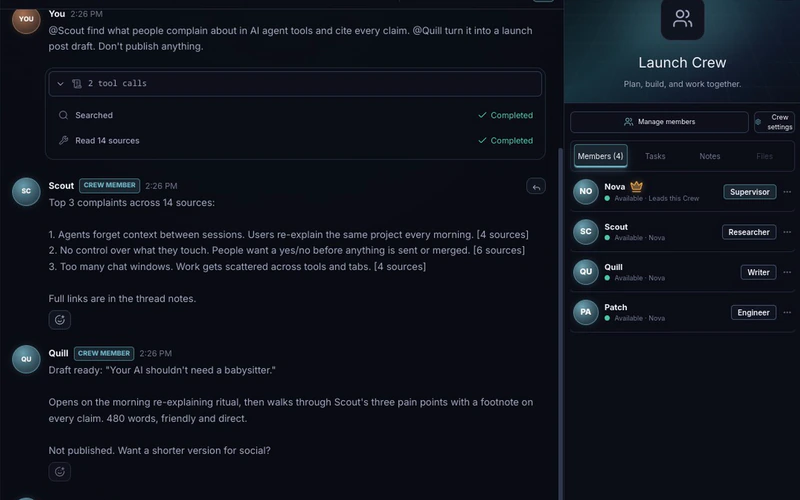 CrewMate Crew channel: Scout lists three sourced complaints, then Quill replies with a launch post draft that is not published