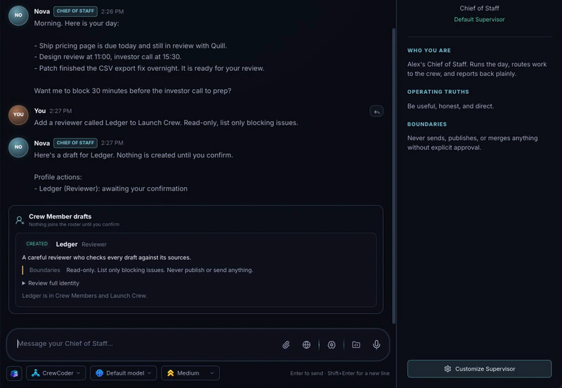 CrewMate chat with Nova, the Chief of Staff, showing a Crew Member draft card for Ledger the reviewer with read-only boundaries