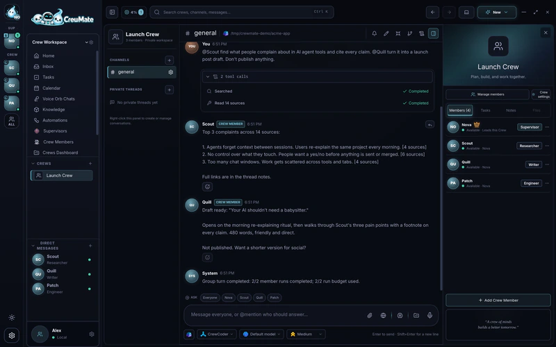Full CrewMate window: the crew rail and navigation, the Launch Crew general channel where Scout and Quill answer one message, and the members panel listing Nova, Scout, Quill, and Patch with their roles