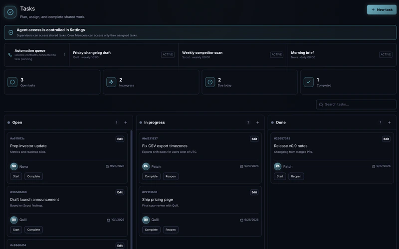 CrewMate Tasks board with open, in progress, and done columns, each task assigned to a Crew Member